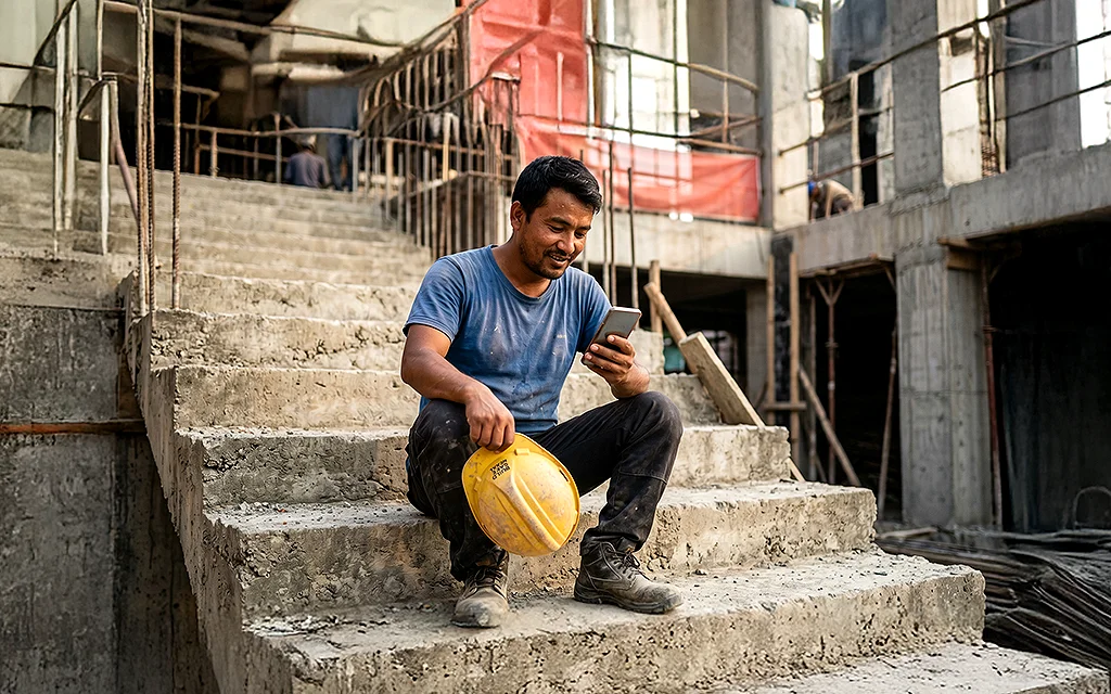 A worker seen checking his phone.