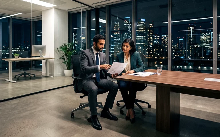 Managers reviewing an ESG report in the office.