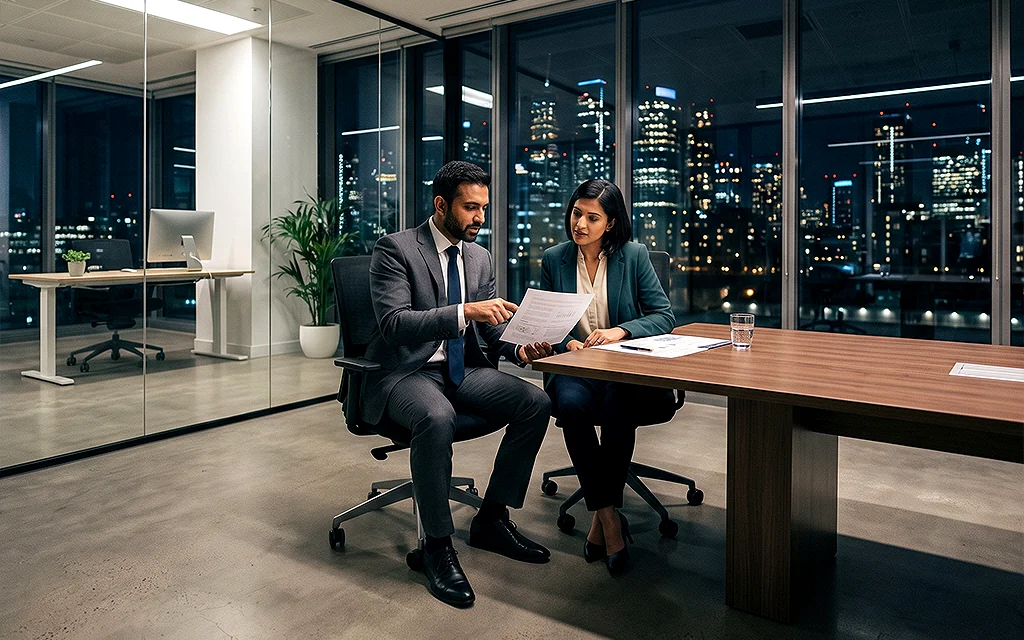 Managers reviewing an ESG report in the office.