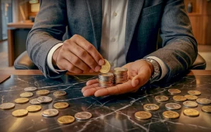 Person stacking coins in their hand while counting loose change on a table.