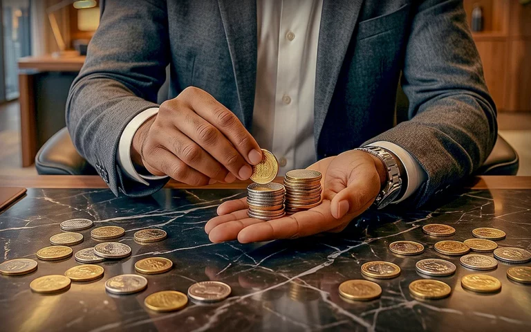 Person stacking coins in their hand while counting loose change on a table.