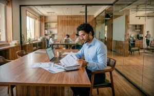 HR professional analysing employee financial inclusion metrics on a digital dashboard.