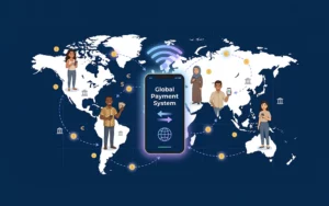 Illustration of a global digital payment system with people sending and receiving money across continents using mobile devices.