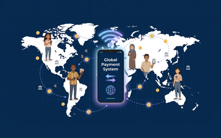 Illustration of a global digital payment system with people sending and receiving money across continents using mobile devices.