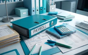 Office payroll documents with a calculator, binder, notebook, and pens on a blue desk.