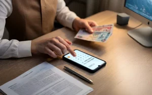 Person using a smartphone calculator while holding cash and reviewing paperwork at a desk.