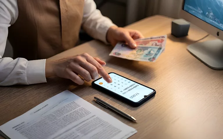 Person using a smartphone calculator while holding cash and reviewing paperwork at a desk.