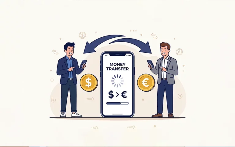 Illustration of two people using a mobile app to transfer money.